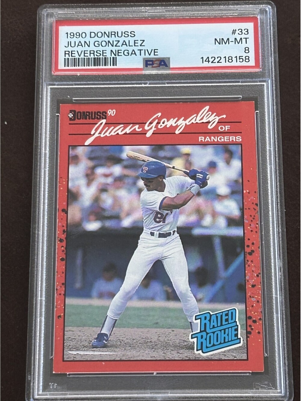 JUAN GONZALEZ ROOKIE 1990 DONRUSS REVERSE NEGATIVE ERROR #33 NM-MT 8 RC
